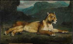 Yatan dişi aslan, c.1855 (panelde yağlı boya) by Eugene  Delacroix