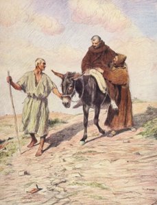 Aziz Francis, Kutsal Stigmaların (renkli litho) basılmasından sonra Rahip Leo ile la Verna Dağı#39;na iniyor