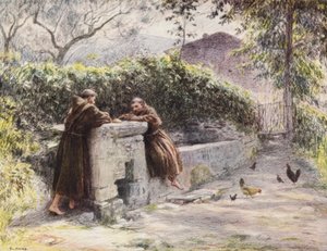 Aziz Francis ve Rahip Masseo#39;nun Çeşmedeki Yemeği, Aziz Francis Yoksulluğu Övüyor (renkli litho)