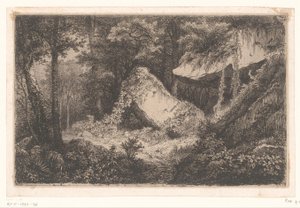 En bos'ta Begroeide rotsen Les Roches, Dampierre yakınlarındaki doğadan Eug tarafından oyulmuş 8 gravürden oluşan süiti beyazlatıyor. Blery (dizi adı) by Eugene Bléry