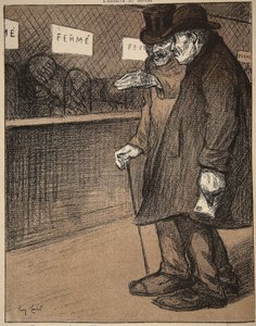 Kapalı tezgahların yanından geçen iki yaşlı bey, 'L'Assiette au Beurre: Memurlar'dan bir çizim, 9 Ağustos 1902