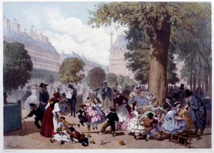 Paris'teki allee des foliants aux Tuileries'in görünümü Çocuklar, kreşler ve yürüyüşçüler. Eugene Guerard (1821-1866) 1856 Paris, Musee Carnavalet tarafından baskılar