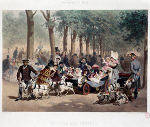19. yüzyılda Paris'teki Tuileries Bahçesi'nde araba ile yürüyün Eugene Guerard (1821-1866) tarafından Litografi 19. yüzyıl Paris, Musee Carnavalet