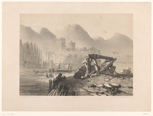 Liman ve dağlar ile şehir manzarası by Eugene Ciceri