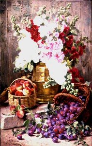 Pirinç vazoda çiçekler ve sepetlerde meyve ile natürmort by Eugene Claude