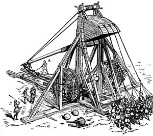Mangonneau adı verilen büyük bir mancınık (karşı ağırlık trebuchet tipi) yeniden oluşturulması