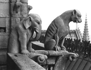 Batı cephesindeki Grande Galerie'nin korkuluklarından fil ve aslan gargoyleleri, 12. yüzyıldan kalma bir orijinalin (taş) kopyası (s/b fotoğraf) by Eugene Emmanuel Viollet le Duc