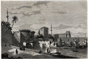 Eugene Flandin'in 1844'te Rodos adasına yaptığı yolculuğunu göstermek için çizdiği, Rodos limanı ve Aubusson kapısının görünümü. Edouard Charton tarafından düzenlenen “Le tour du monde” deki gravür by Eugene Flandin
