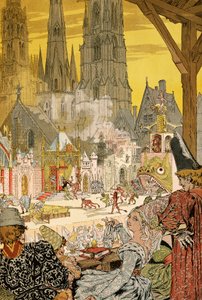 Katedralin avlusundaki gizem tasviri, Victor Hugo'nun (1802-1885) Notre-Dame de Paris için illüstrasyonu by Eugene Grasset