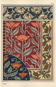 Haşhaş, Papaver somniferum, vitray, duvar kağıdı, kumaş ve fayans desenlerinde. Marc Mangin tarafından litografi by Eugene Grasset