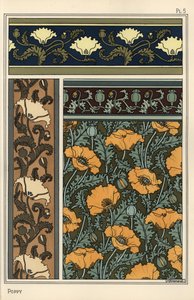 Haşhaş, Papaver somniferum, duvar kağıdı ve kumaş desenlerinde. Verneuil tarafından litografi by Eugene Grasset