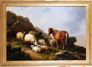 1868 ötesinde bir yelkenli gemi ile bir uçurumun üzerinde bir midilli ve koyun by Eugene Joseph Verboeckhoven