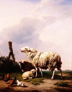Peyzajda Koyun ve Kümes Hayvanları by Eugene Joseph Verboeckhoven