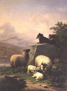 Bir nehir manzarasında iki köpekli koyunlar ve kuzular by Eugene Joseph Verboeckhoven
