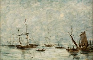 Limanda Demirli Tekneler (tuval üzerine yağlı boya) by Eugene Louis (attr.to) Boudin