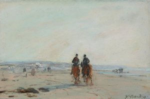 Sahilde İki Atlı, 1864-68 dolayları (kağıda serilmiş kağıt üzerine pastel) by Eugene Louis Boudin