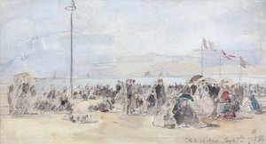 Sahildeki İnsanlar, Trouville, 1866 (kağıt üzerinde tuvalet ve grafit) by Eugene Louis Boudin