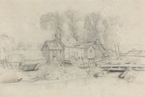Binalar, Tekneler ve Figürler ile Nehir Manzarası, c. 1858. by Eugene Louis Boudin