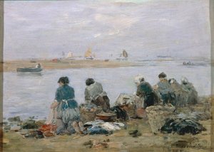 Eugene Boudin tarafından Trouville yakınlarındaki Touques Nehri kıyısındaki çamaşırcı kadınlar, resim by Eugene Louis Boudin