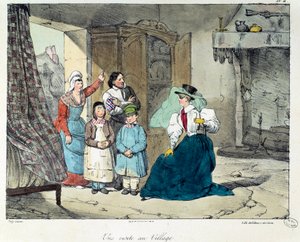 Köye bir ziyaret. Zengin bir kadın fakir bir aileyi ziyaret eder. “La vie de chateau” kitabının illüstrasyonu. Eugene Louis Lami