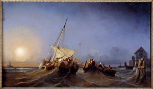 Balıkçıların batan güneşe dönüşü Resim Eugene Lepoittevin (1806-1870) 1835 Brest, Musee des Beaux Arts