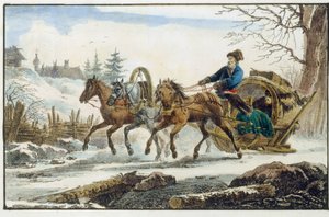 Yolcular için barınak bulunan atlı kızak. (Troyka Kibitka). Eugene Pluchard (1809-1880), litografi ve sulu boya çalışmaları