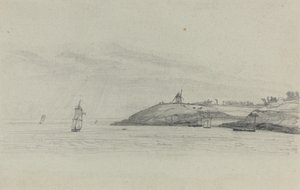 Denizcilik ile Kıyı Peyzajı; Uzakta Yel Değirmeni by Eugène Boudin