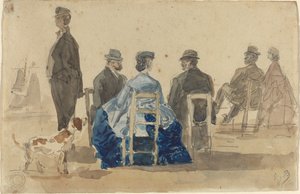 Sahilde Köpekle Oturan Bayanlar ve Baylar by Eugène Boudin