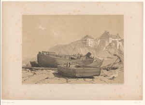 Tekneler ve balıkçı köyü ile kayalık sahil by Eugène Cicéri (attributed to)