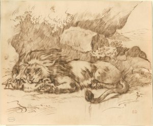 Tavşanı Yiyen Aslan by Eugène Delacroix