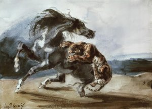 Vahşi bir ata saldıran kaplan by Ferdinand Victor Eugene Delacroix