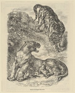 Yavrusunu emzirirken kaplanın saldırısına uğrayan kaplan, 1853., 1853. by Eugène Delacroix