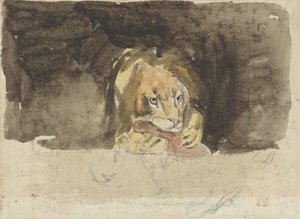 Önden görülen etçil aslan, karanlık bir arka plana karşı çıkıyor by Eugène Delacroix