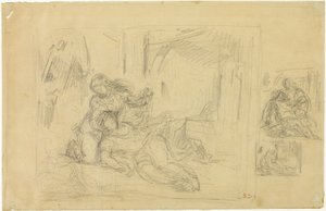 Ölen Kadın(?), Yatak Odasındaki Adam, Aynının İki Eskizi by Eugène Delacroix