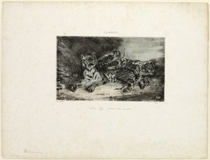 Annesiyle oynayan genç kaplan by Eugène Delacroix