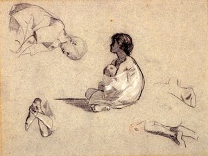 Arap Çocukları Çalışmaları (mavi kağıt üzerinde karakalem ve gövde rengi) by Eugène Fromentin