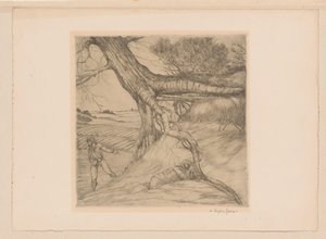 Bir manzarada katlanmış elleri olan ekici ve uzanmış figür by Eugène Joors (signed by artist)