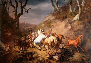 Bir grup atlıya saldıran aç kurtlar