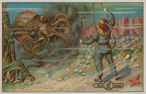 Bir ahtapot (chromolitho) tarafından tehdit edilen bir dalgıç by European School