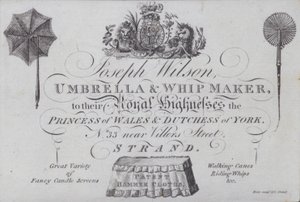 Joseph Wilson, şemsiye ve kırbaç üreticisi için reklam, Londra (gravür) by European School