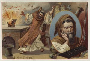 Efsanevi 14. yüzyıl Alman simyacısı Berthold Schwarz, barutu icat ettiğini söyledi. by European School