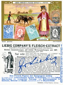 Bulgar posta pulları, bir Liebig promosyon kartının ön ve arka yüzü, 1897 by European School