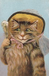 Şapka takan ve elinde bir kadeh şampanya tutan kedi (chromolitho) by European School