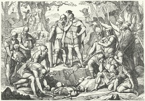 Germanicus, Publius Quinctilius Varus tarafından komuta edilen üç Roma lejyonunun askerlerinin kemiklerini gömerken, MÖ 9