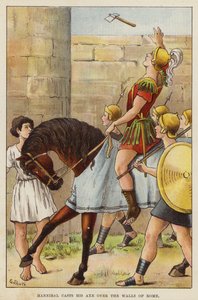 Hannibal baltasını Roma surlarının üzerinden atıyor (chromolitho) by European School