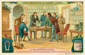 Hans Christian Oersted, arkadaşlarına bir elektrik akımının etkisi altında manyetik iğnenin sapmasını gösteriyor, 1820 by European School