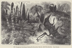 Pterodactyls ile İkincil Dönemde Hayali Manzara, Lias Dönemi (gravür) by European School