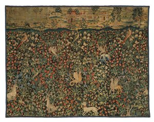 Hayvanları, kuşları ve manzarayı tasvir eden Mille fleurs goblen parçası, yaklaşık 1500 (yün) by European School