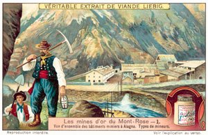 Monte Rosa altın madenlerindeki madenciler ve maden binaları, İtalya (chromolitho) by European School