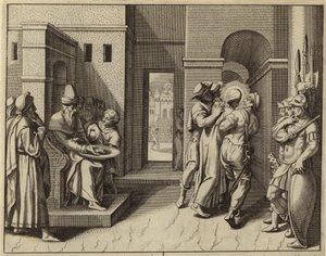 Pontius Pilatus, İsa Mesih ölüme mahkum edildikten sonra ellerini yıkıyor (gravür) by European School